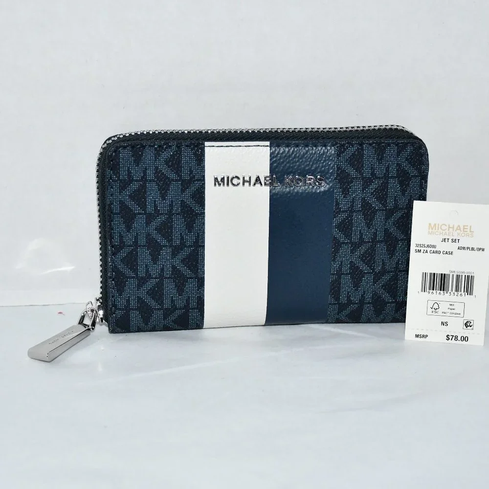 Michael Kors Sig Semi Lux SMALL Zip Around Card Case Admiral Blue #32S2SJ6D0U NW